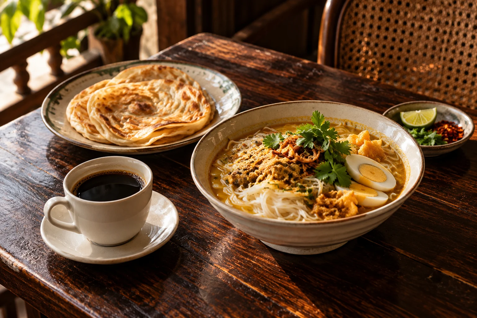 AI-generated breakfast bowl, flatbread and coffee